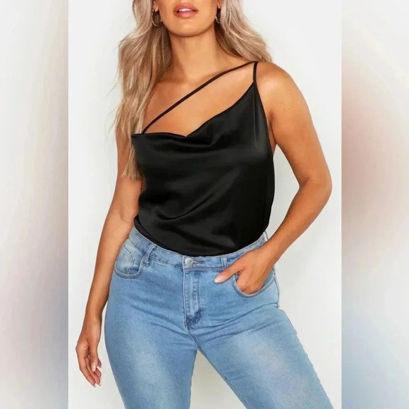 Boohoo PLUS ASYMMETRIC SATIN COWL CAMISOLE Black Size 14 NWT - Picture 4 of 9